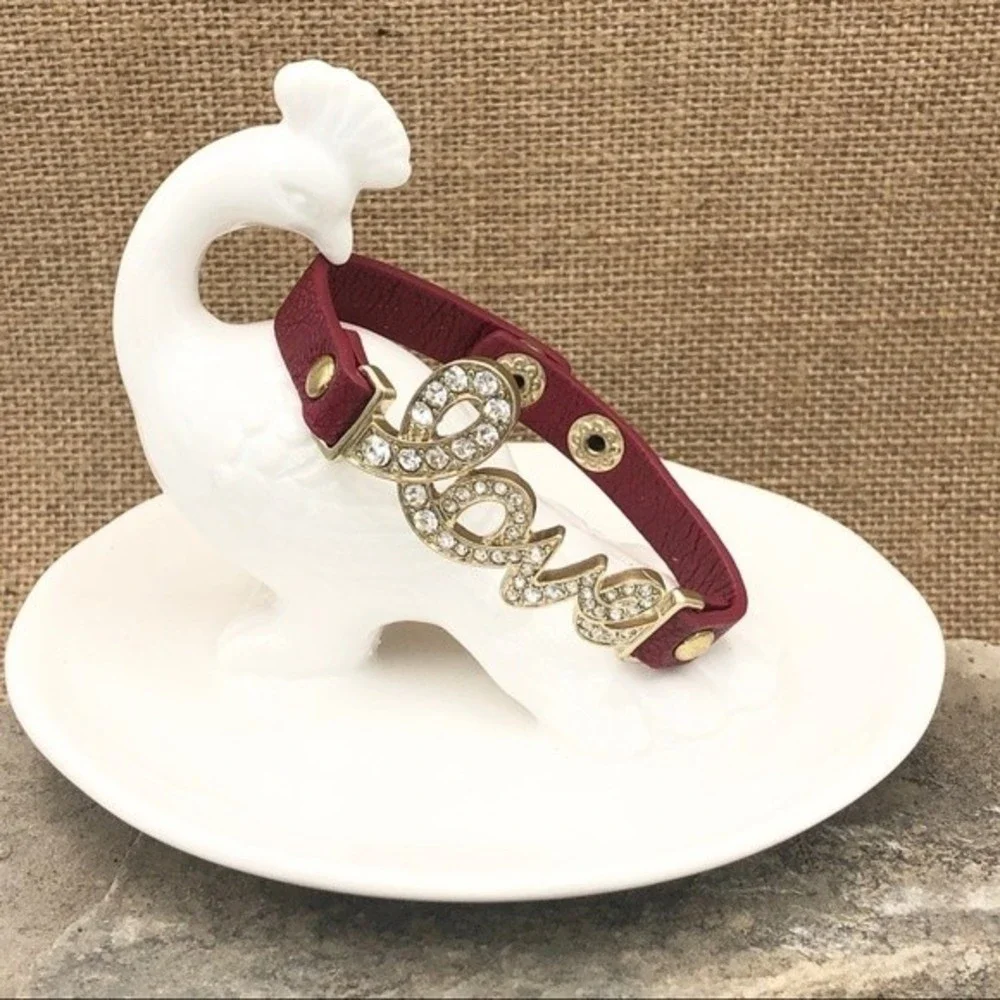 🌼 Red PU Leather Rhinestone Love Wrap Strap Bracelet